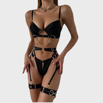 Women's Metal Chain Lingerie Four-Piece Set - Front Buckle Design