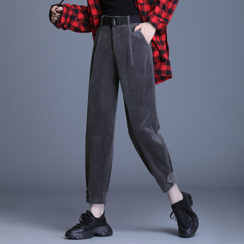 High Waist Cropped Corduroy Trousers - Women's Loose Fit Tooling Pants