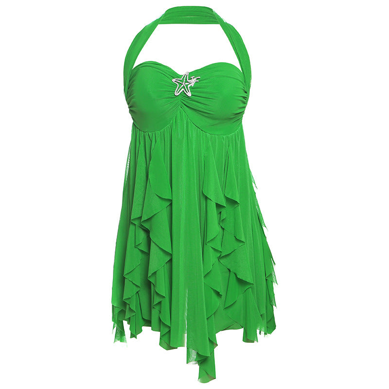 Halter Neck Backless Dress - Printed Irregular Mesh Short Dress for Summer