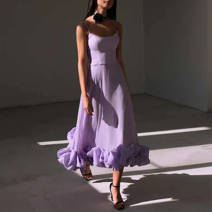 Chiffon A-Line Maxi Dress with 3D Floral Detail - Sleeveless Swing Dress with Suspenders