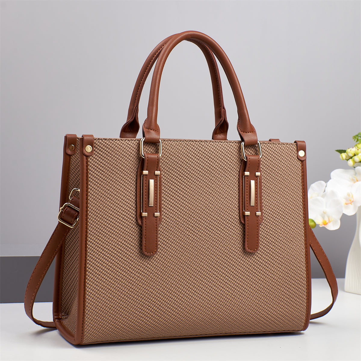 Saffiano Pattern PU Leather Frame Bag - Structured Shoulder Tote