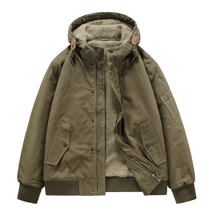 Men's Hooded Cotton Coat - Loose Fit Jacket with Fur Collar