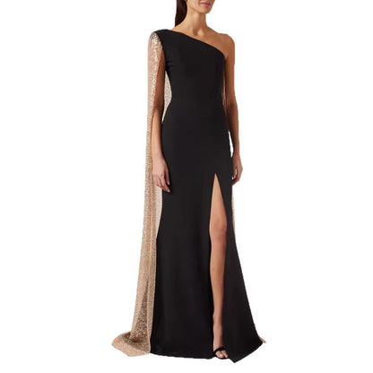 Women's One-Shoulder Long Sleeve Cloak Slit Maxi Dress – Elegant Party Gown