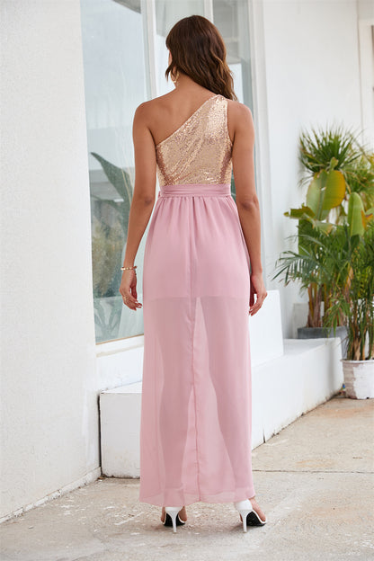 Sequin One-Shoulder Chiffon Maxi Dress - High Waist Split Hem Evening Gown