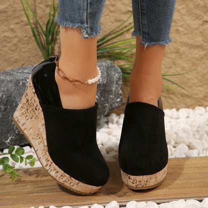 Women's Suede Wedge Heel Shoes with Back Zipper - Round Toe