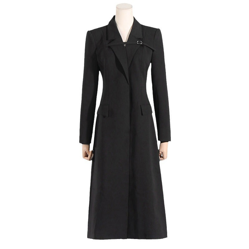 Women's Long Coat - Slim Fit Polyester Jacket with Pockets