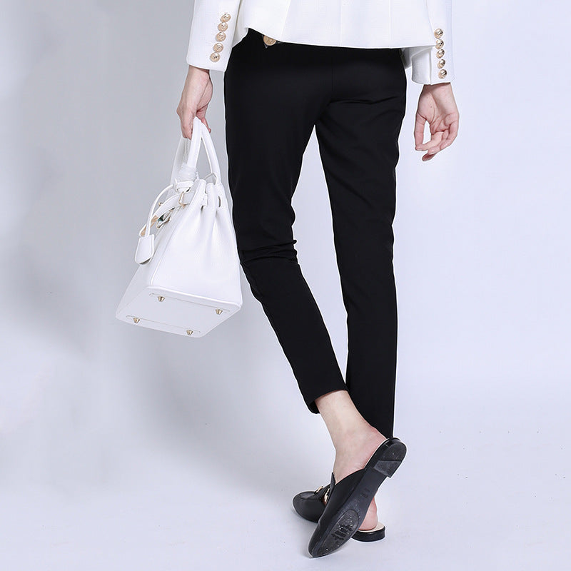 Women's High-Waist Double-Breasted Pants - Slim Fit Black Trousers