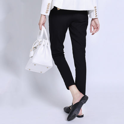 Women's High-Waist Double-Breasted Pants - Slim Fit Black Trousers