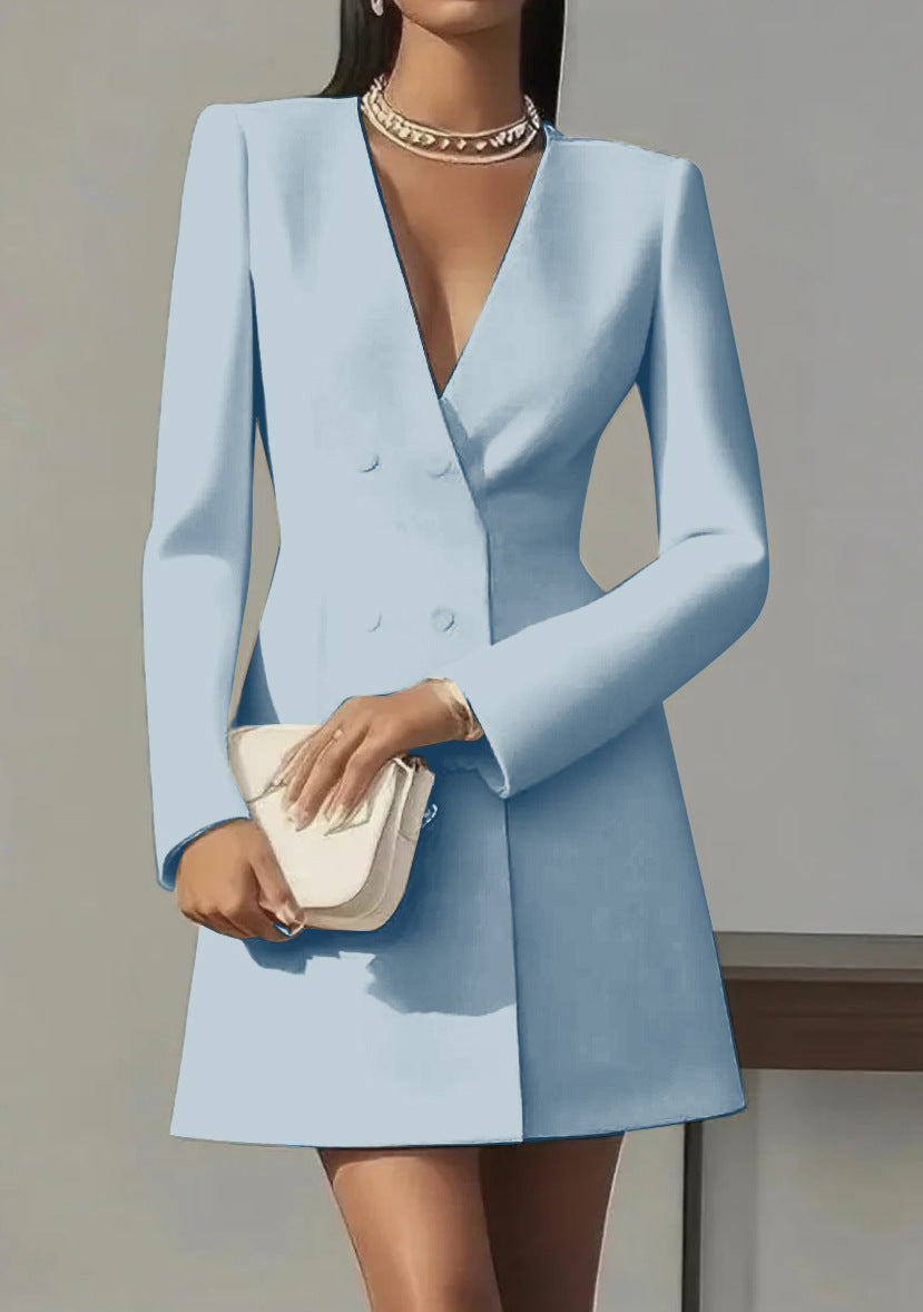 Women's V-Neck Button-Front Dress - Elegant Commuter Style