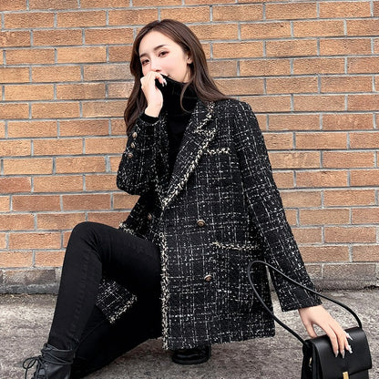 Women's Plaid Wool Blend Coat - Casual Loose Fit Long Sleeve Jacket