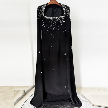Beaded Lanyard Shawl Sleeve Floor-Length Dress