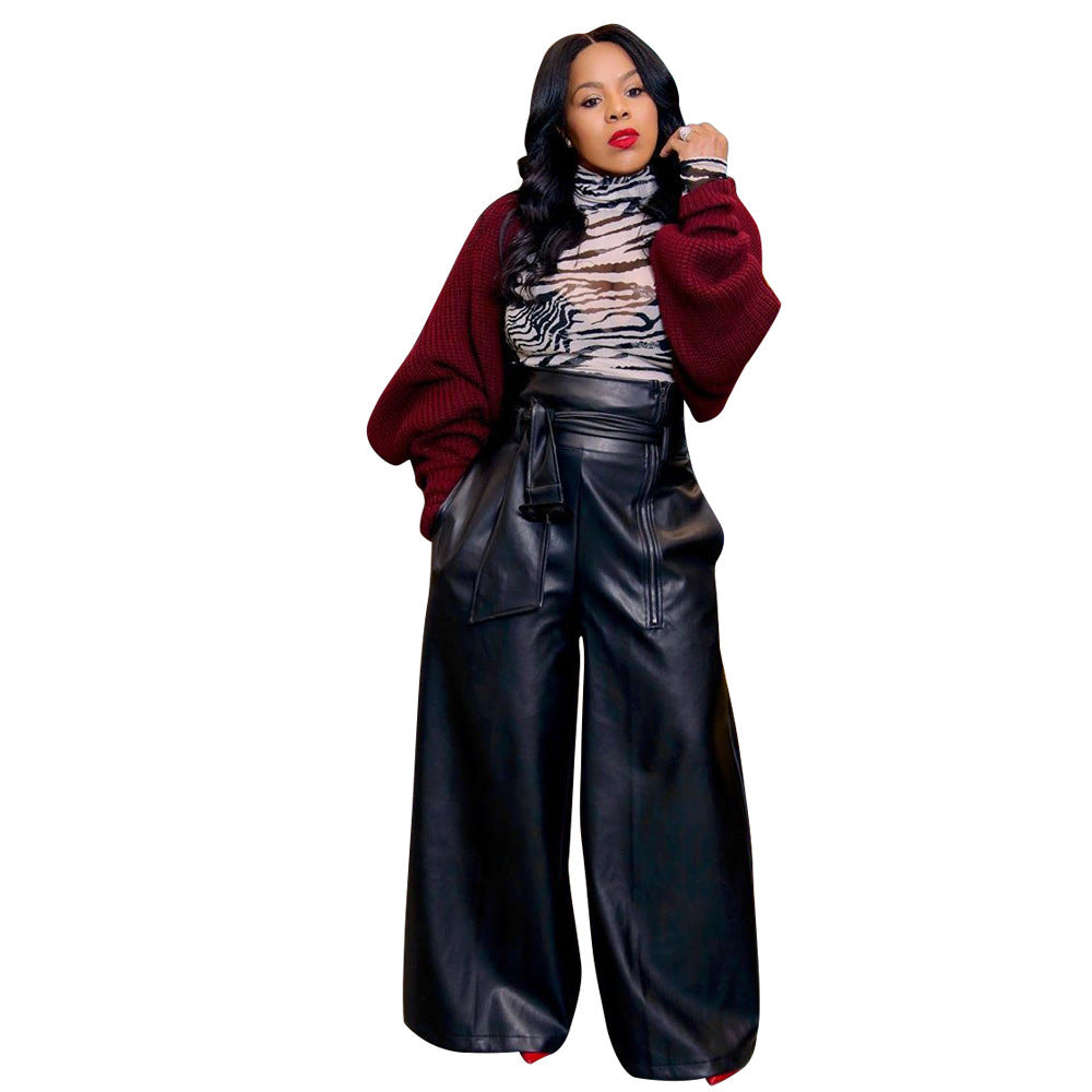 Women's PU High-Waist Straight-Leg Pants - Urban Style Full-Length Trousers