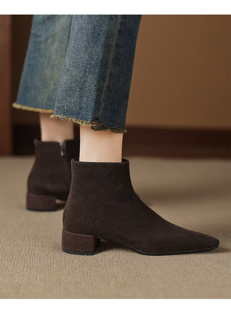 Low Heel Suede Ankle Boots - Women's Cow Suede Boots with Side Zip