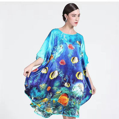 Women's Luxe Silk Bat Sleeve Nightdress - 100% Mulberry Silk Loose Fit Pajama Dress with Inkjet Prints