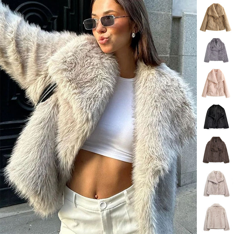 Women's Winter Plush Fluffy Lapel Coat - Warm Thicken Long Sleeve Jacket