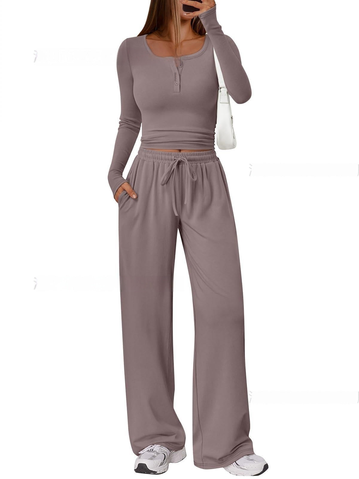 Women's Comfortable Casual Long-Sleeve Wide-Leg Pants Set - Japandi Style Pleated Top with Polyester