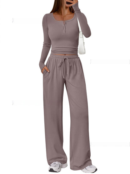 Women's Comfortable Casual Long-Sleeve Wide-Leg Pants Set - Japandi Style Pleated Top with Polyester