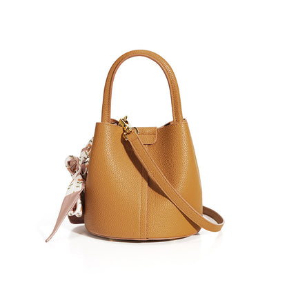 Women's Genuine Leather Bucket Bag - Advanced Texture Handbag with Drawstring Closure