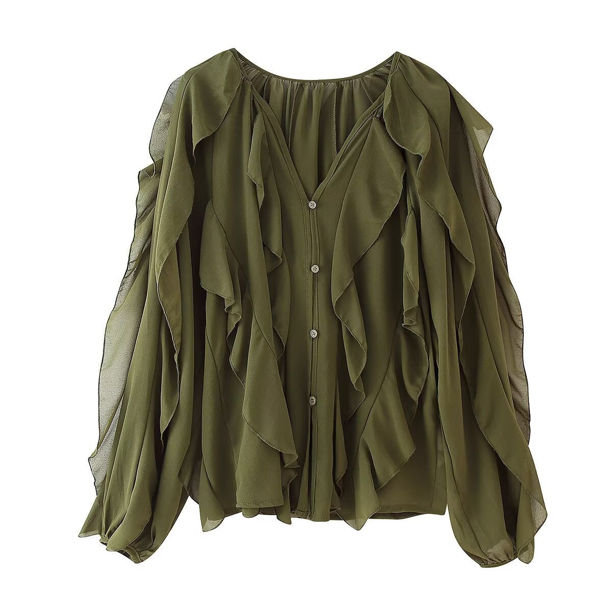 Women's Western-Style V-Neck Layered-Design Blouse - Elegant Long Sleeve Top