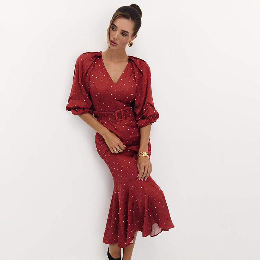 French Style V-Collar Polka Dot Satin Dress - High Waist Fishtail Skirt Long Dress