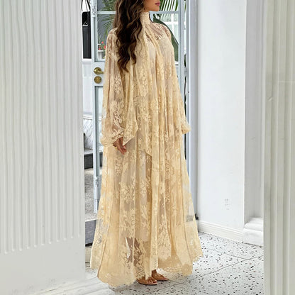 Women's Embroidered Long-Sleeve Loose Ruffle Maxi Dress — Apricot & Dark Coffee