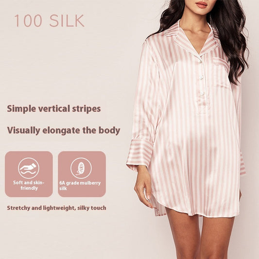 Premium Mulberry Silk Striped Shirt Dress - Long Sleeve Loungewear