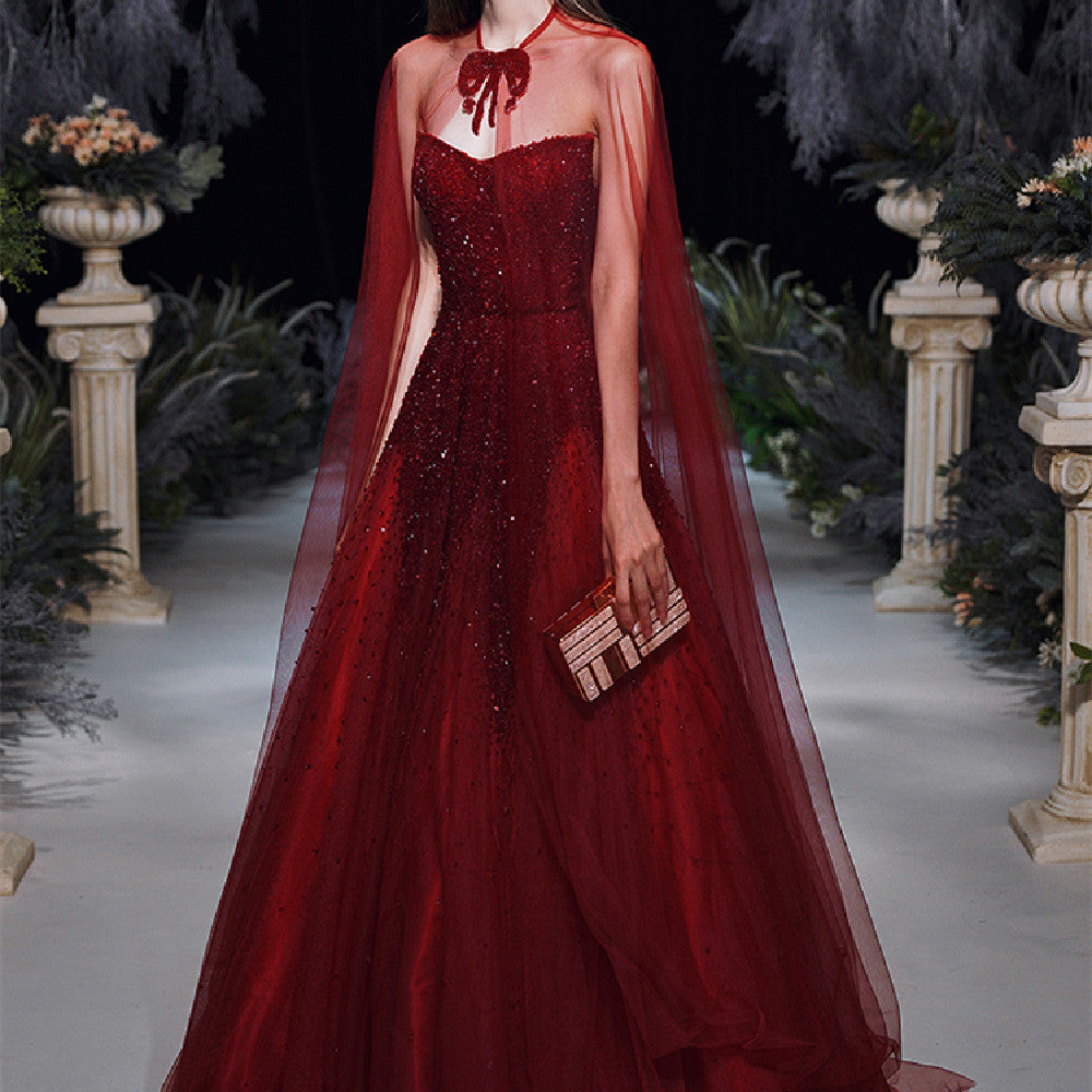 Elegant Wine Red Evening Gown - Off-Shoulder Formal Dress for Weddings & Special Occasions