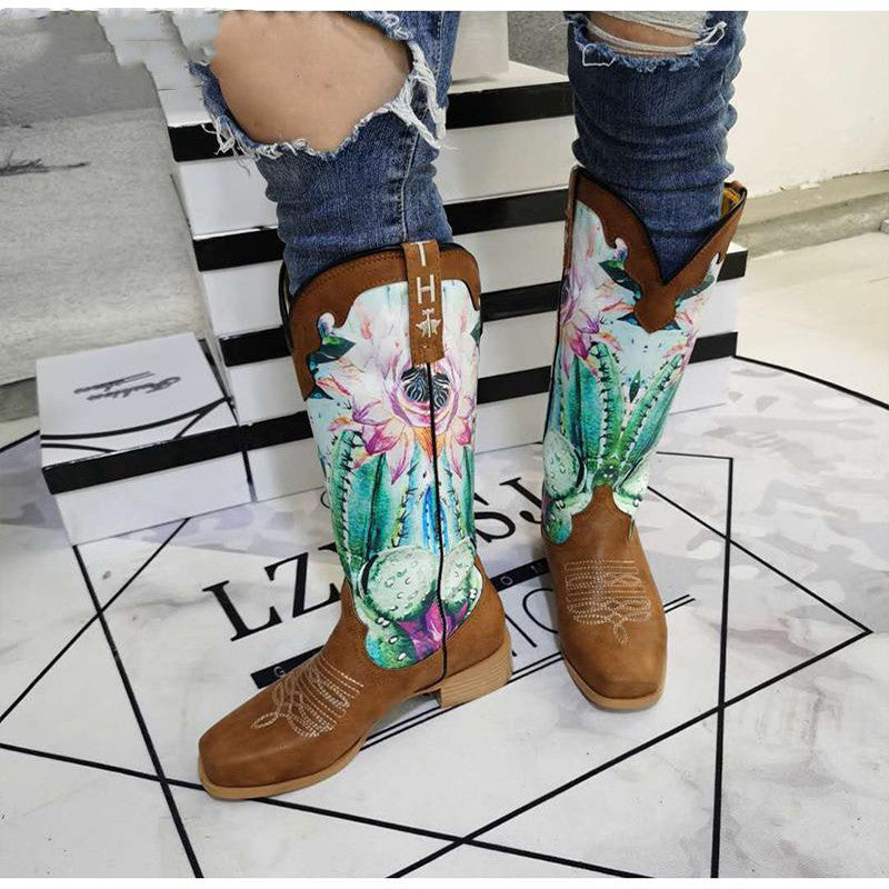 Women's Flower Print Patchwork Western Boots - Retro Slip-On Ankle Boots