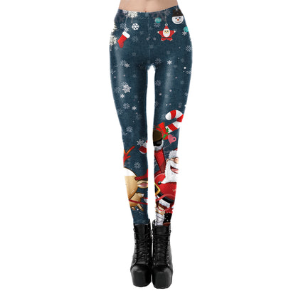 Women's Festive Print Stretch Leggings - Glossy Polyester Fitted Pants