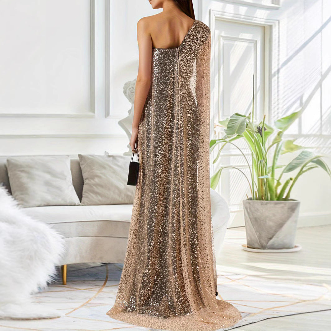 Women's One-Shoulder Long Sleeve Cloak Slit Maxi Dress – Elegant Party Gown
