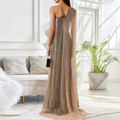 Women's One-Shoulder Long Sleeve Cloak Slit Maxi Dress – Elegant Party Gown