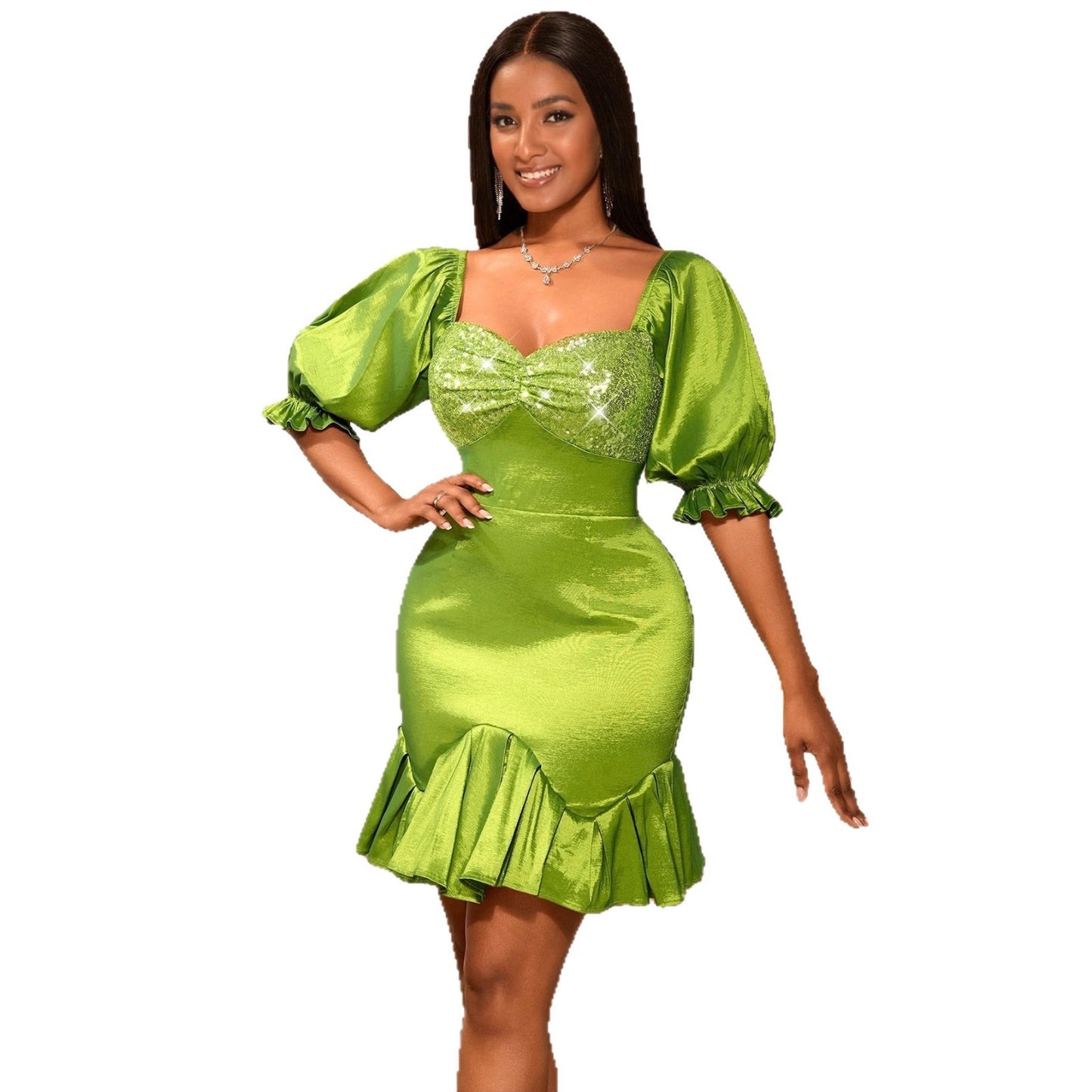 Sequin Ruffle Puff Sleeve Sheath Evening Dress | Mustard Green