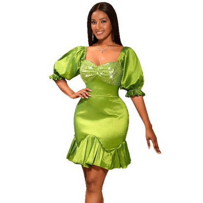 Sequin Ruffle Puff Sleeve Sheath Evening Dress | Mustard Green