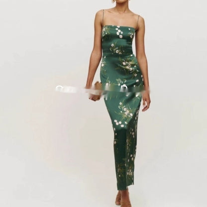 Women's Floral Print Silk Sleeveless Maxi Dress - Split Slit Waist Tie Dress