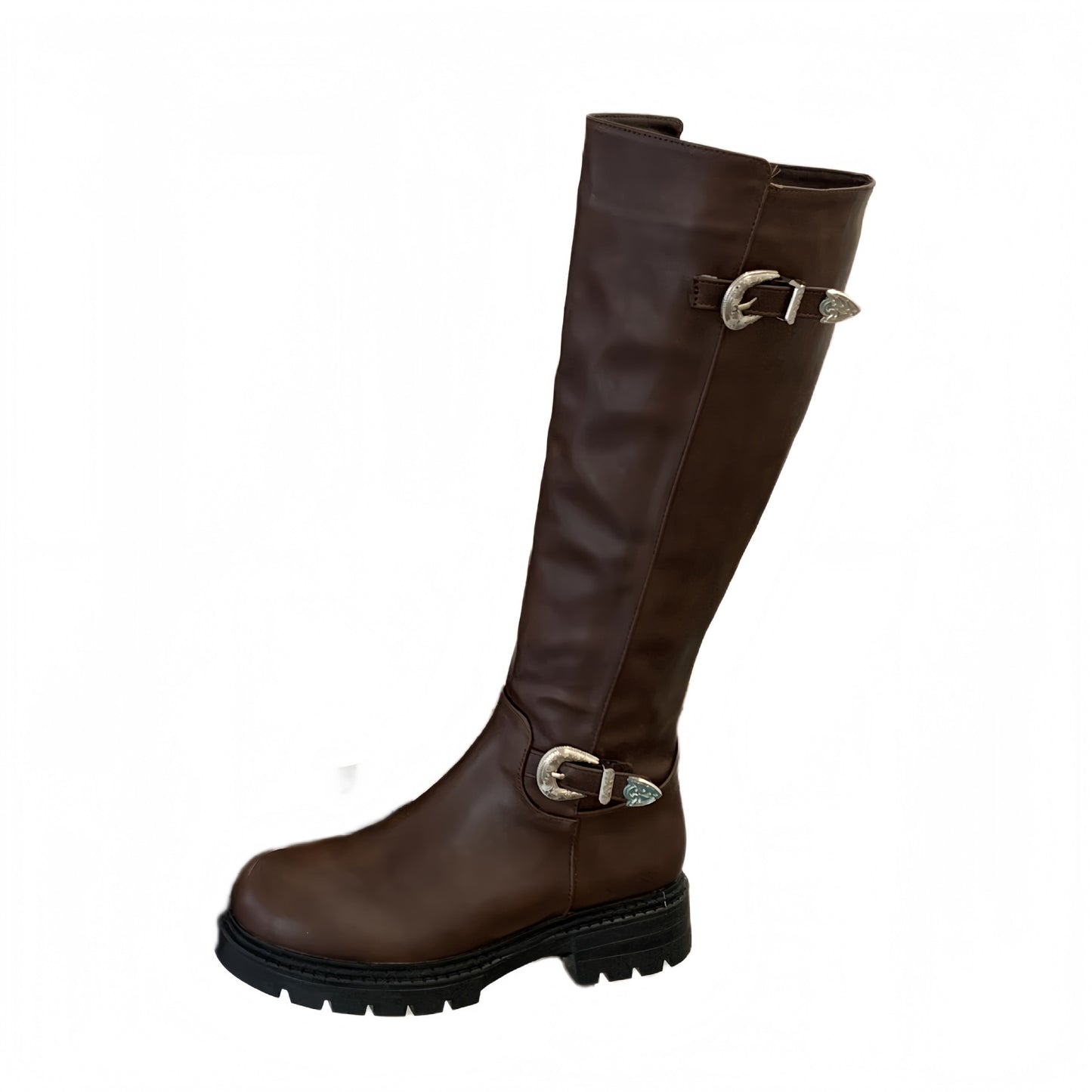 Women's High-Top Ankle Boots with Belt Buckle & Side Zipper