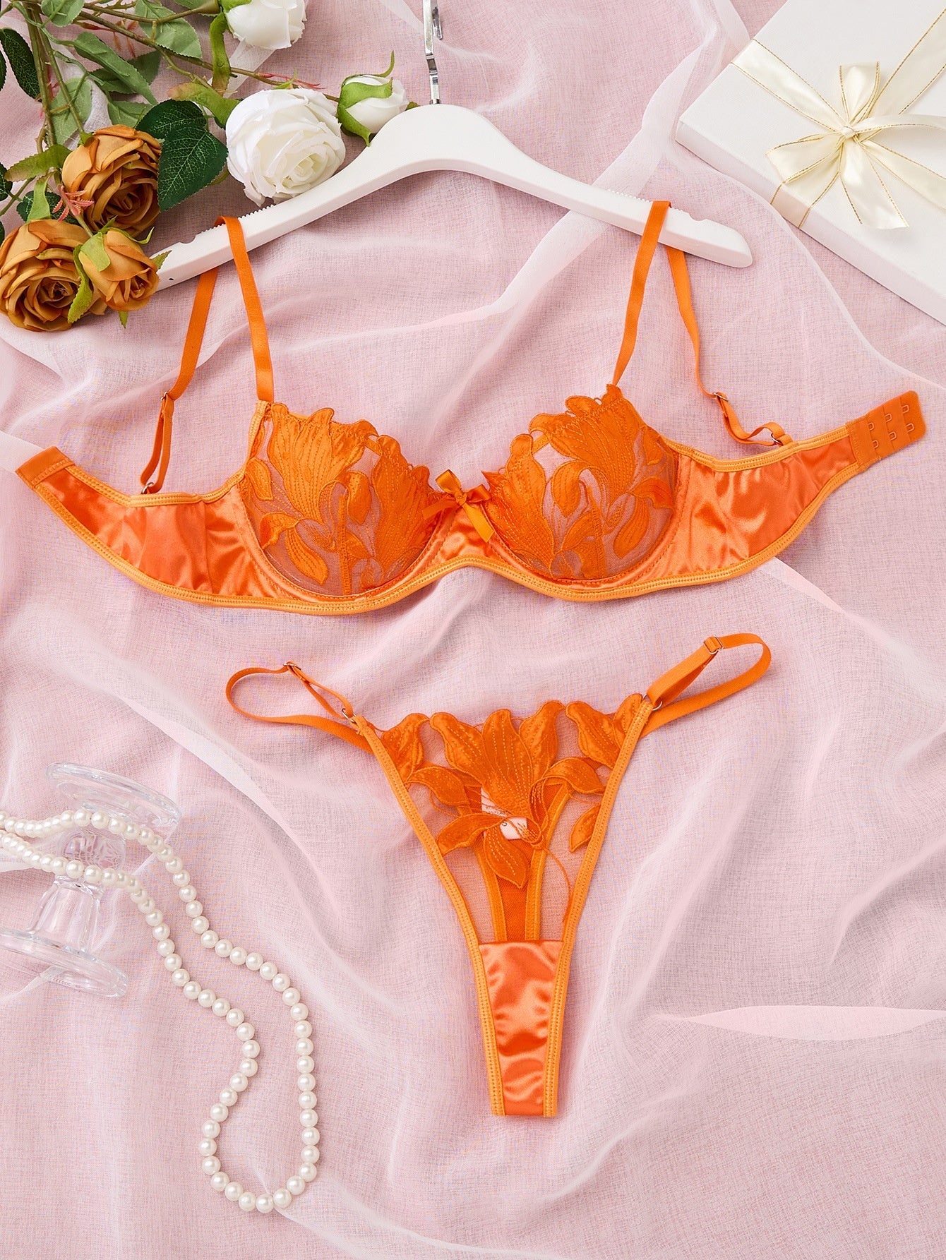 Women's Lace Embroidery Mesh Bra and Panty Set - 3/4 Cup Lingerie Set