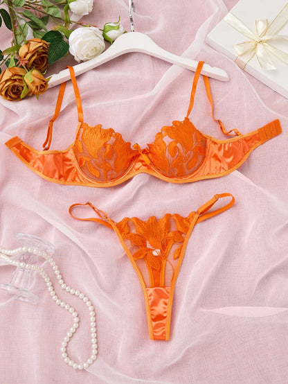 Women's Lace Embroidery Mesh Bra and Panty Set - 3/4 Cup Lingerie Set