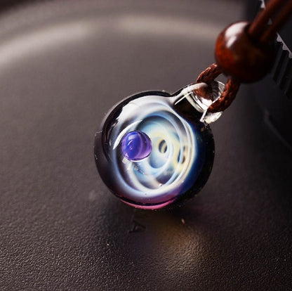Cosmic Nebula Pendant Necklace - Blue Starry Sky Glass Sphere