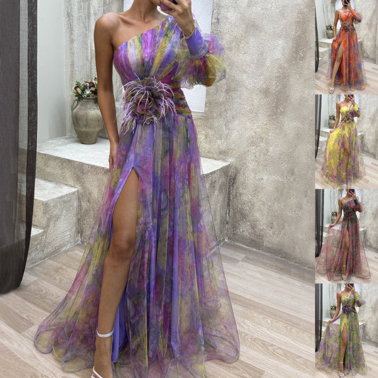 Women's Mesh Tie-Dye Printed Off-Shoulder Slit Maxi Dress - Summer Party Dress