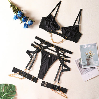 Women's Metal Chain Lingerie Four-Piece Set - Front Buckle Design