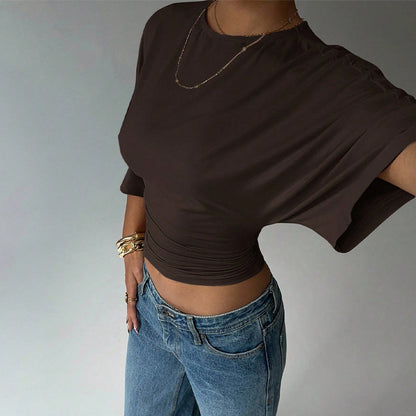 Women's Slim Fit Crop Top - Solid Color Pullover with Regular Sleeves