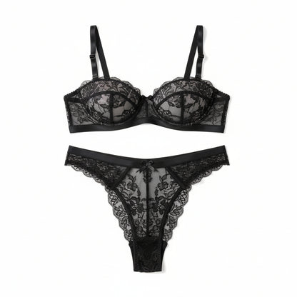 Women's Satin Mesh Embroidery Lingerie Set - Cutout Bra with Gloves
