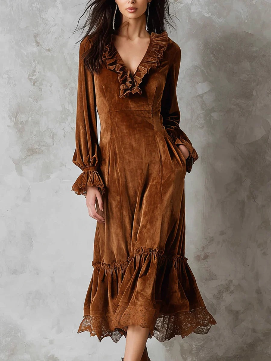 Women's Velvet Ruffle Dress with V-Neck - High Waist Long Sleeve Bell Sleeve Dress