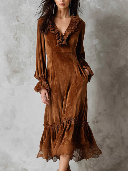 Women's Velvet Ruffle Dress with V-Neck - High Waist Long Sleeve Bell Sleeve Dress