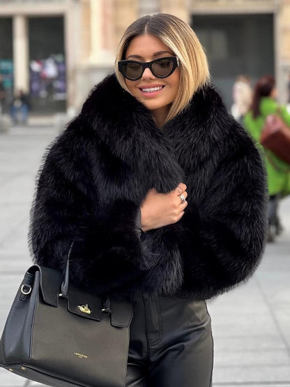 Women's Winter Plush Fluffy Lapel Coat - Warm Thicken Long Sleeve Jacket