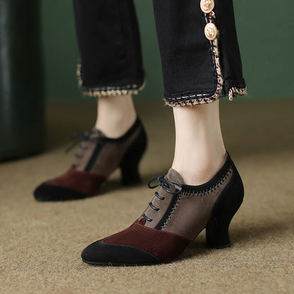 Retro Lace-Up Leather Ankle Boots - Mid-Calf Chunky Heel Shoes
