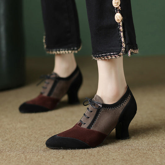 Retro Lace-Up Leather Ankle Boots - Mid-Calf Chunky Heel Shoes