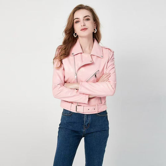 Women's Slim-Fit PU Motorcycle Jacket with Diagonal Zipper - Art Retro Style