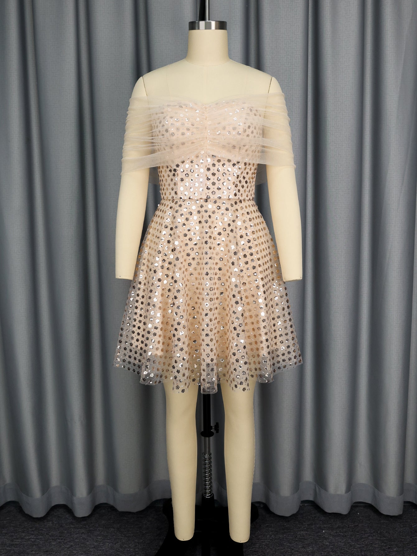 Light Pink Off-Shoulder Sequin Tulle Party Dress | A-Line Mini
