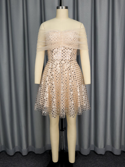 Light Pink Off-Shoulder Sequin Tulle Party Dress | A-Line Mini